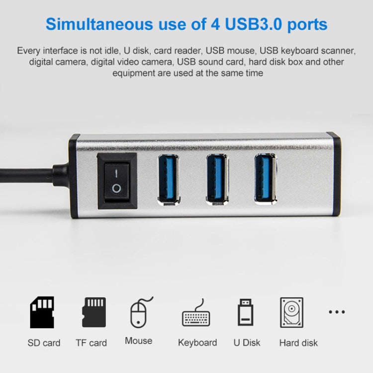 USB to 4 USB 3.0 Ports Aluminum Alloy HUB with Switch(Silver)