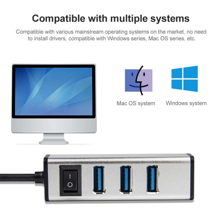 USB to 4 USB 3.0 Ports Aluminum Alloy HUB with Switch(Silver)