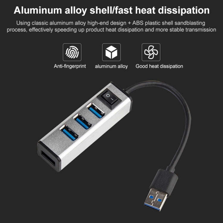 USB to 4 USB 3.0 Ports Aluminum Alloy HUB with Switch(Silver)