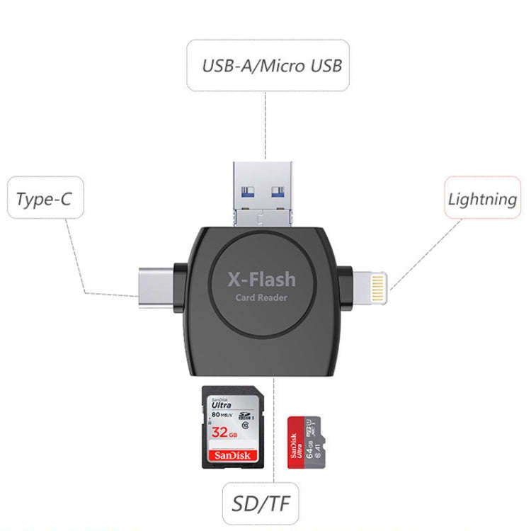 X-Flash R01 3 in 1 8 Pin + USB-C / Type-C + Micro USB Interface SD / TF Card Reader(Black)
