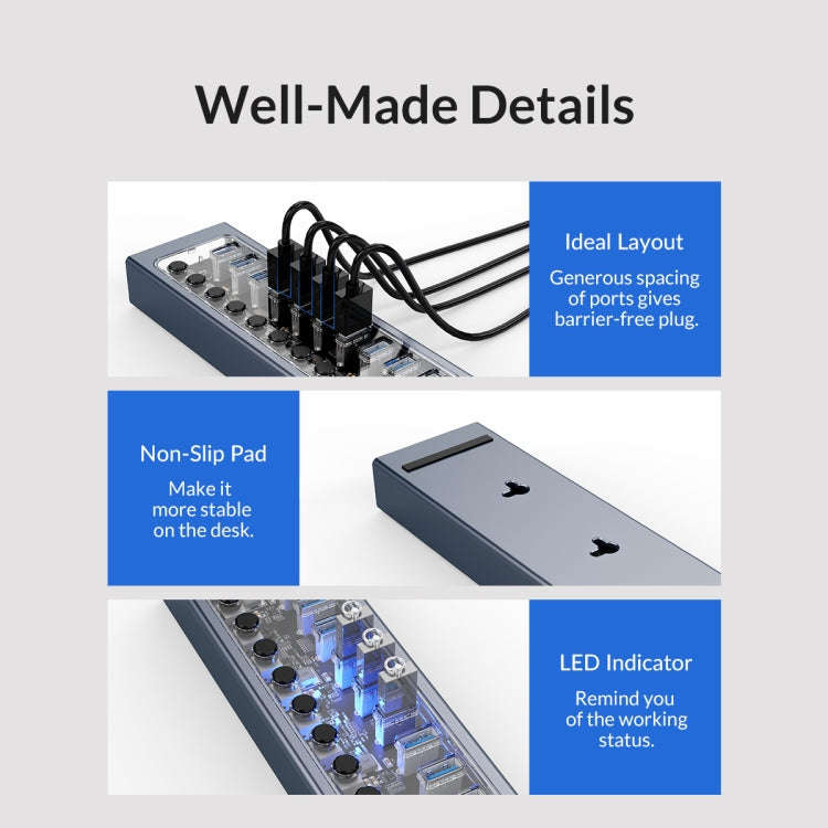 ORICO AT2U3-13AB-GY-BP 13 Ports USB 3.0 HUB with Individual Switches & Blue LED Indicator, US Plug