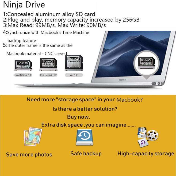 BASEQI 303MA 256GB Aluminum Alloy Micro SD(TF) Memory Card for Macbook Pro Retina 13.3 inch Laptops