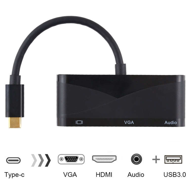 USB 2.0 + Audio Port + VGA + HDMI to USB-C / Type-C HUB Adapter (Black)