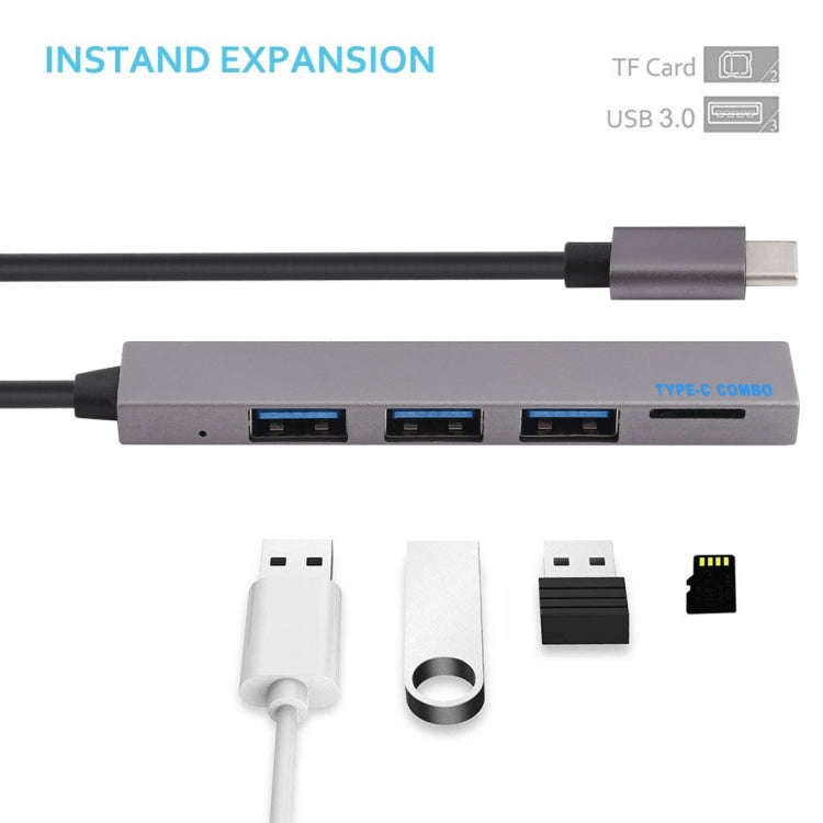 T-809B TF Card Reader + 3 x USB 3.0 Ports to USB-C / Type-C HUB Converter, Cable Length: 13cm (Grey)