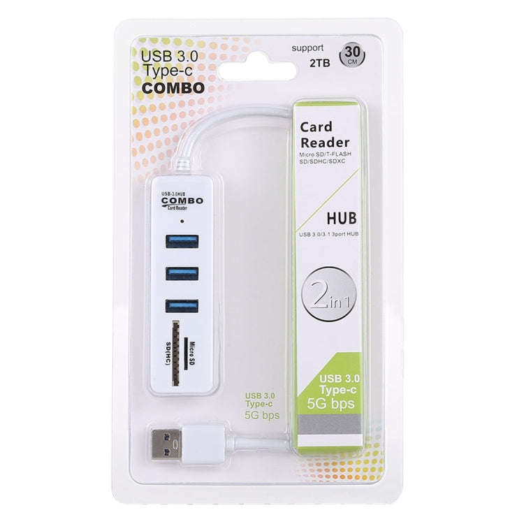 2 in 1 TF / SD Card Reader + 3 x USB 3.0 Ports to USB 3.0 HUB Converter, Cable Length: 26cm(White)