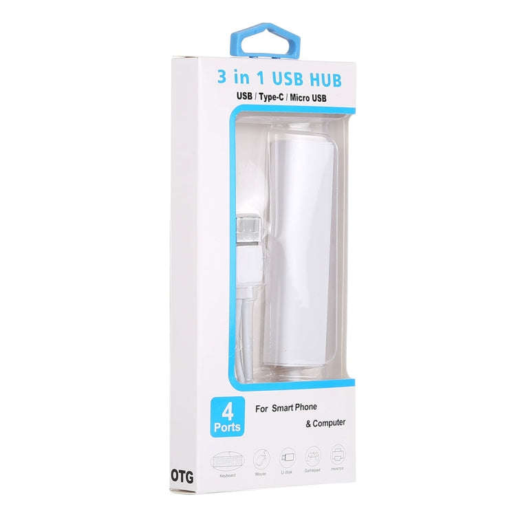 3 in 1 USB-C / Type-C + Micro USB + 4 x USB 2.0 Ports HUB Converter, Cable Length: 12cm(White)