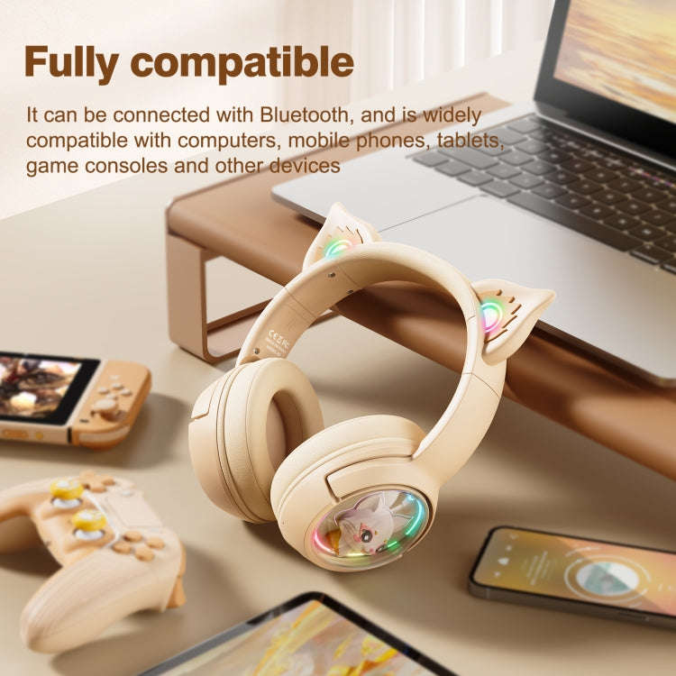 B5 Cat Ear Design USB-C / Type-C RGB Wireless Bluetooth HiFi Headset (Beige)