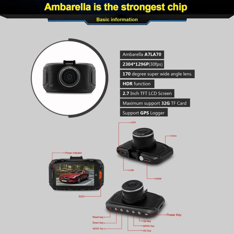GS90C Car DVR Camera 2.7 inch LCD Screen HD 2304 x 1296P 170 Degree Wide Angle Viewing, Support M...