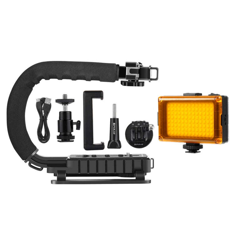 PULUZ U/C Shape Portable Handheld DV Bracket Stabilizer + LED Studio Light Kit with Cold Shoe Tri...