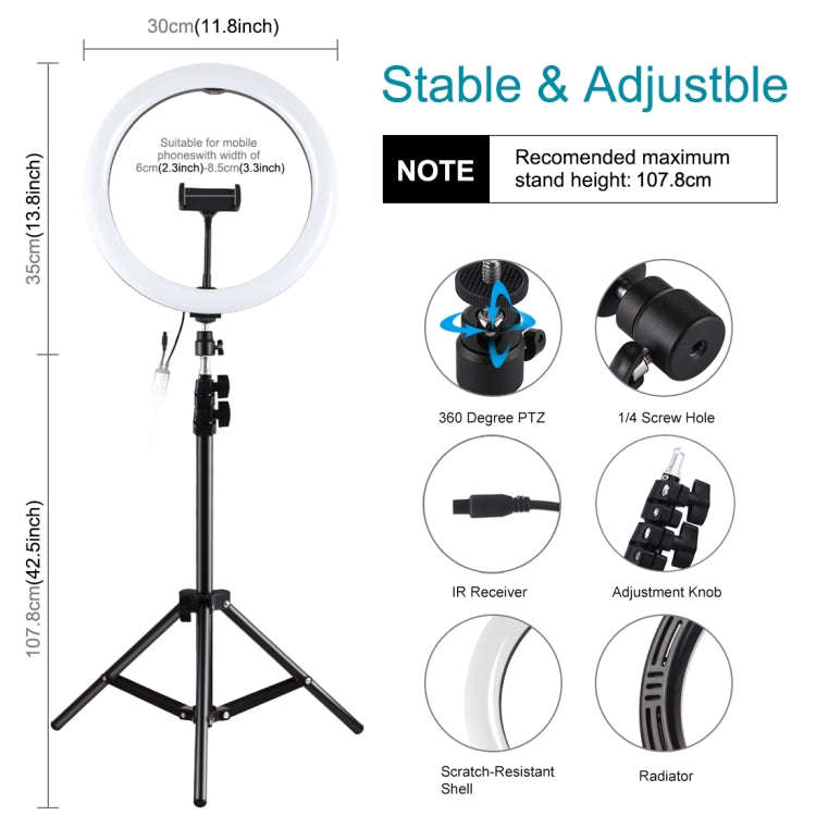 PULUZ 11.8 inch 30cm RGB Light 1.1m Tripod Mount Dimmable LED Ring Vlogging Selfie Photography Vi...