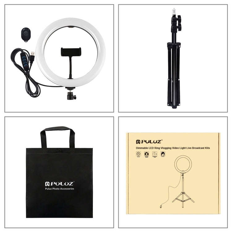 PULUZ 10.2 inch 26cm Ring Light + 1.1m Tripod Mount USB 3 Modes Dimmable Dual Color Temperature L...