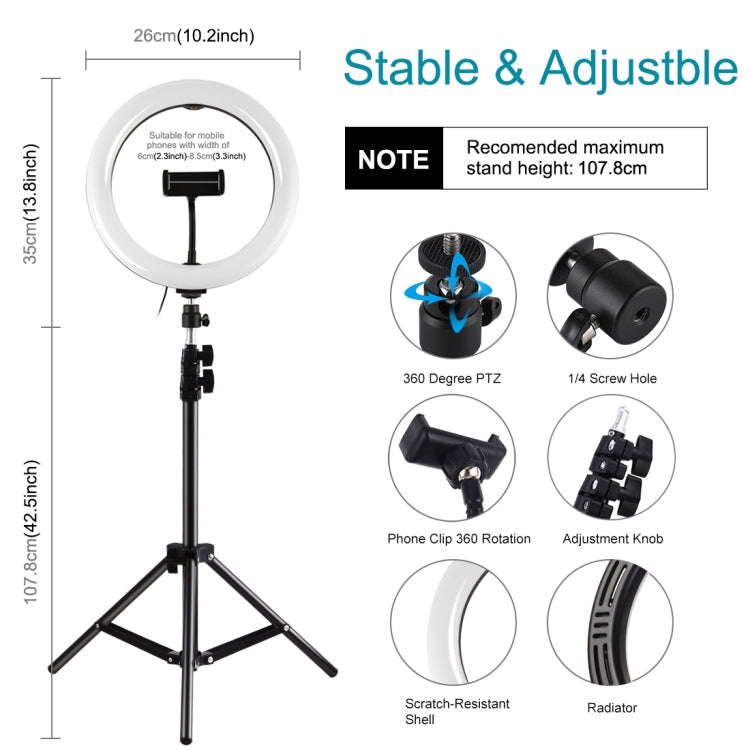 PULUZ 10.2 inch 26cm Ring Light + 1.1m Tripod Mount USB 3 Modes Dimmable Dual Color Temperature L...