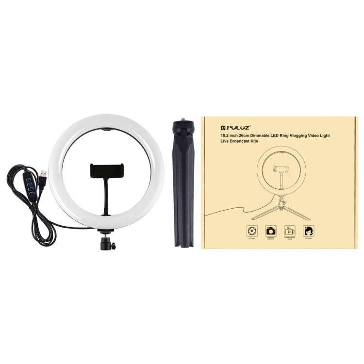 PULUZ 10.2 inch 26cm Selfie Beauty Light + Desktop Tripod Mount USB 3 Modes Dimmable LED Ring Vlo...