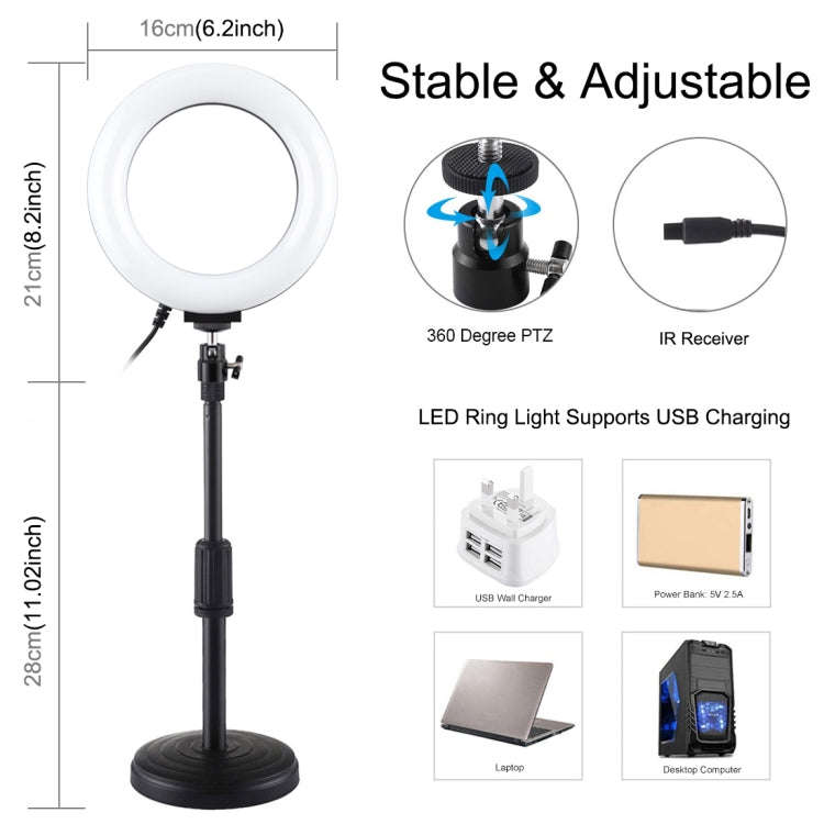 PULUZ 6.2 inch 16cm RGBW Light + Round Base Desktop Holder USB Dimmable LED Ring Vlogging Photogr...