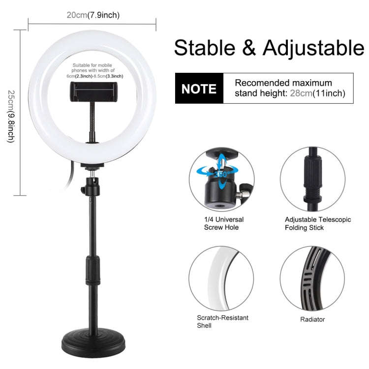 PULUZ 7.9 inch 20cm Light+ Round Base Desktop Holder USB 3 Modes Dimmable Dual Color Temperature ...