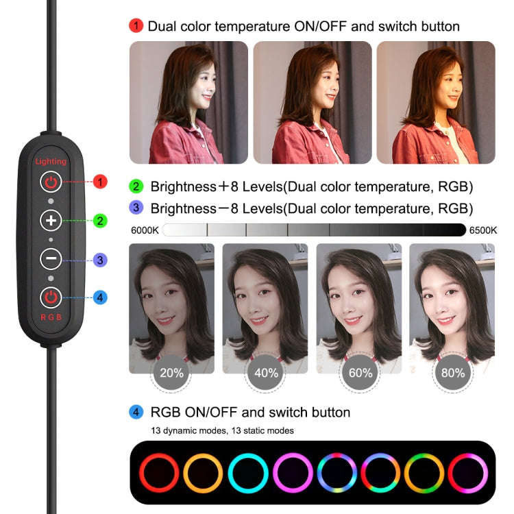 PULUZ 10.2 inch 26cm Marquee LED RGBWW Selfie Beauty Light + Desktop Tripod Mount 168 LED Dual-co...