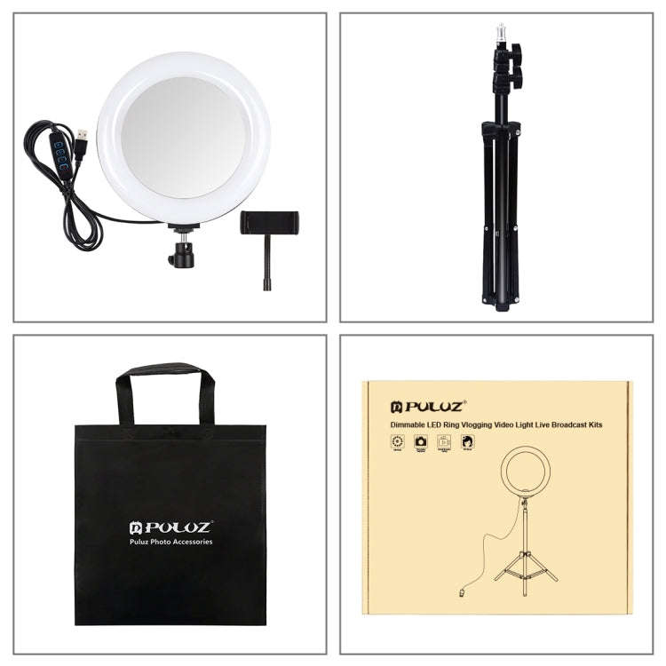 PULUZ 7.9 inch 20cm Mirror Light+ 1.1m Tripod Mount USB 3 Modes Dimmable Dual Color Temperature L...