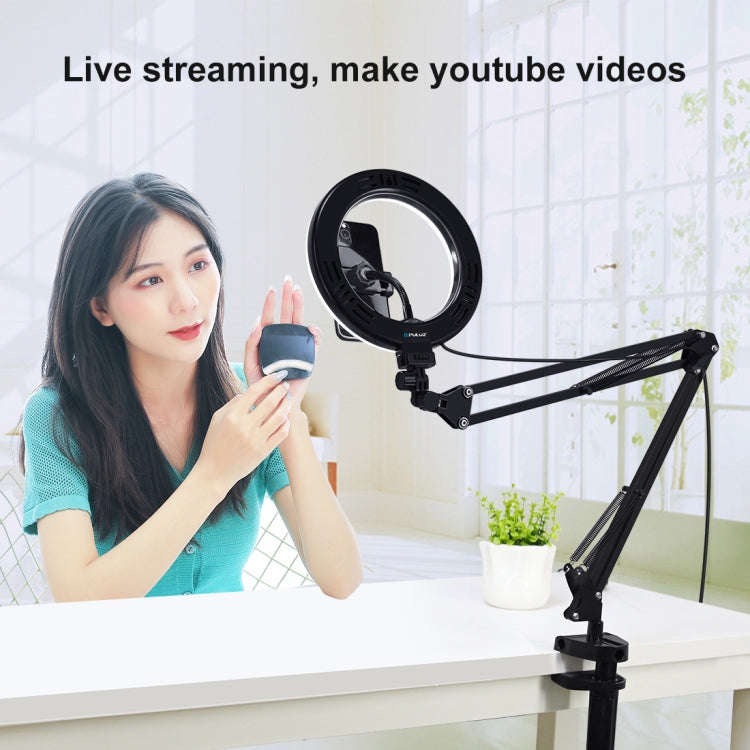 PULUZ 7.9 inch 20cm Ring Curved Light + Desktop Arm Stand USB 3 Modes Dimmable Dual Color Tempera...