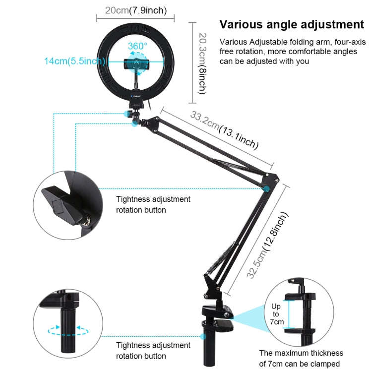 PULUZ 7.9 inch 20cm Ring Curved Light + Desktop Arm Stand USB 3 Modes Dimmable Dual Color Tempera...