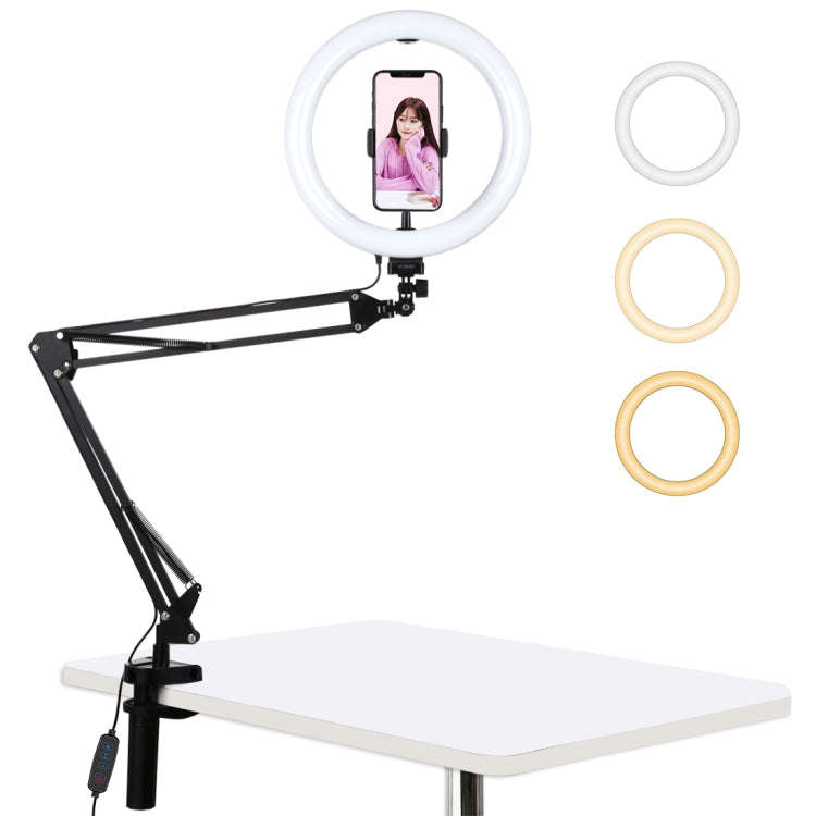 PULUZ 10.2 inch 26cm Ring Curved Light + Desktop Arm Stand USB 3 Modes Dimmable Dual Color Temper...
