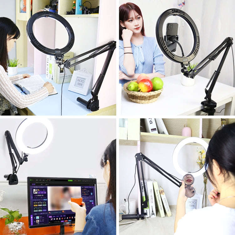 PULUZ 10.2 inch 26cm Ring Curved Light + Desktop Arm Stand USB 3 Modes Dimmable Dual Color Temper...