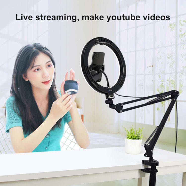 PULUZ 10.2 inch 26cm Ring Curved Light + Desktop Arm Stand USB 3 Modes Dimmable Dual Color Temper...