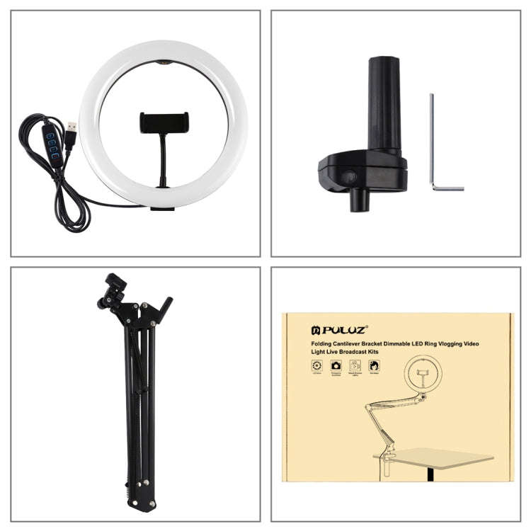 PULUZ 10.2 inch 26cm Ring Curved Light + Desktop Arm Stand USB 3 Modes Dimmable Dual Color Temper...