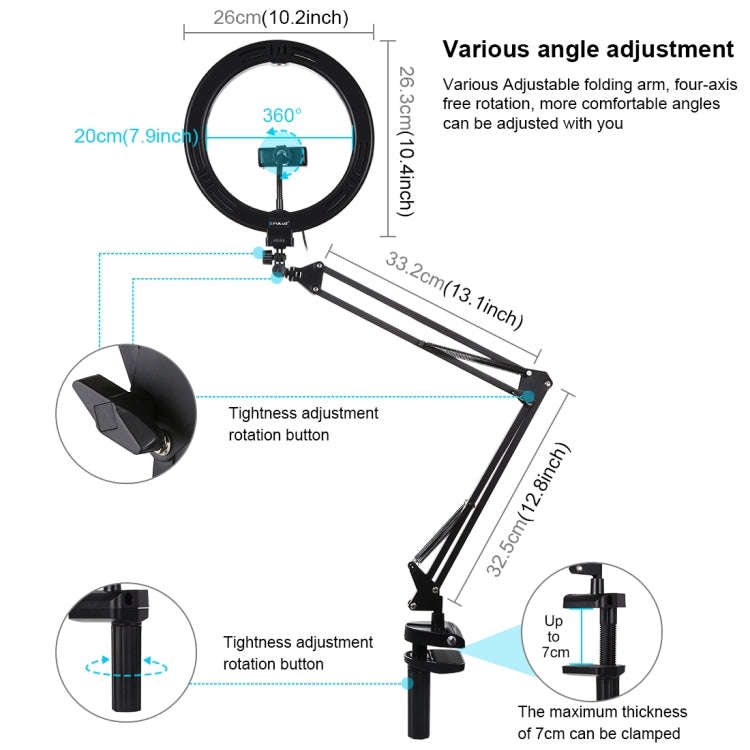 PULUZ 10.2 inch 26cm Ring Curved Light + Desktop Arm Stand USB 3 Modes Dimmable Dual Color Temper...