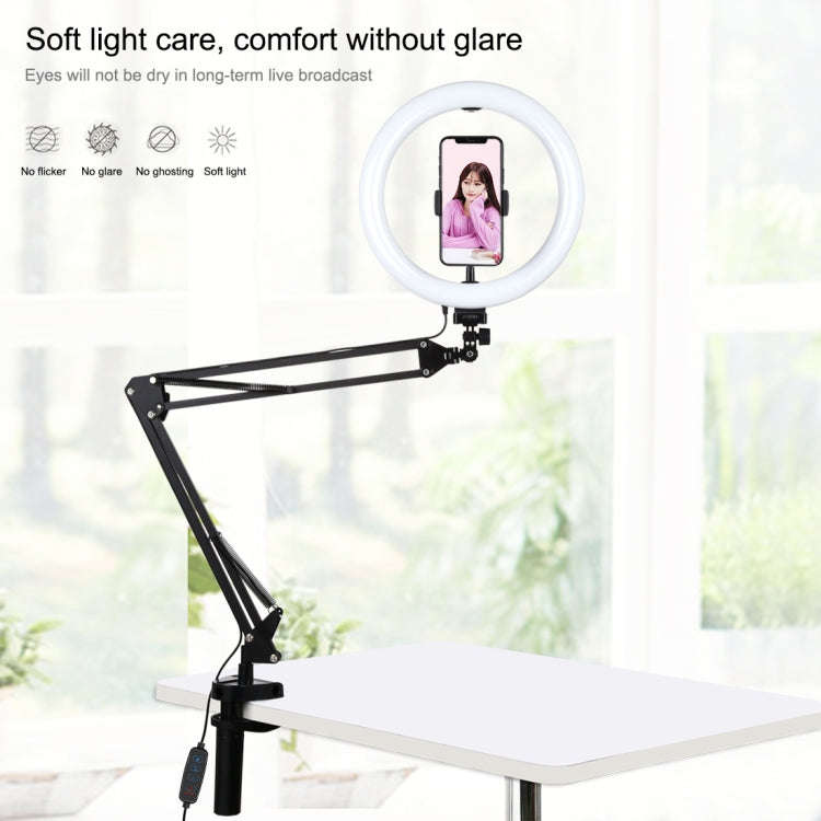 PULUZ 10.2 inch 26cm Ring Curved Light + Desktop Arm Stand USB 3 Modes Dimmable Dual Color Temper...