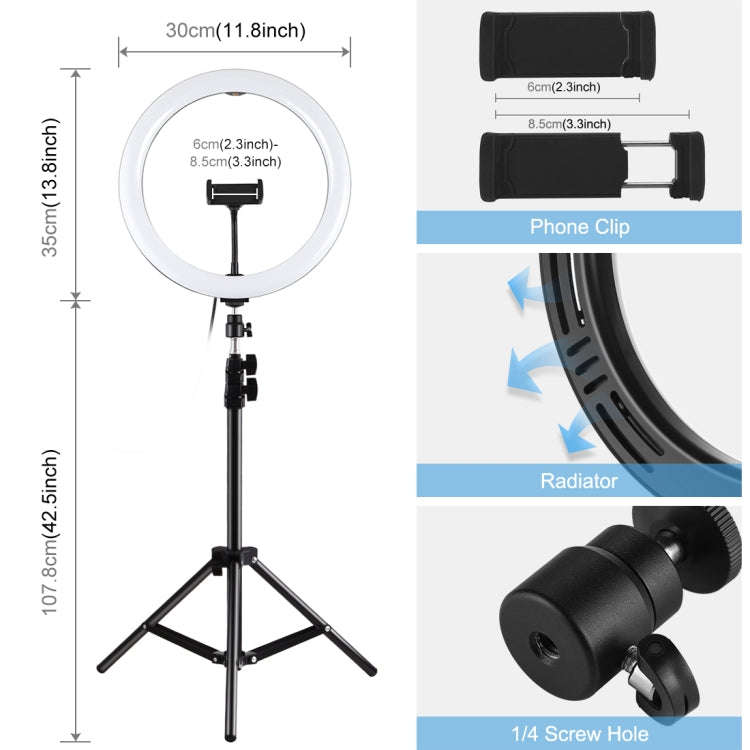 PULUZ 11.8 inch 30cm Light + 1.1m Tripod Mount Curved Surface Type-C 3 Modes Dimmable Dual Color ...