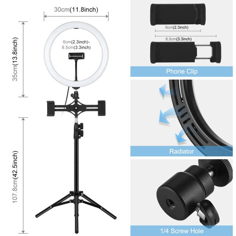 PULUZ 11.8 inch 30cm Light + 1.1m Tripod Mount + Dual Phone Brackets Curved Surface Type-C 3 Mode...