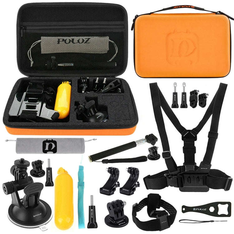 PULUZ 20 in 1 Accessories Combo Kits with Orange EVA Case (Chest Strap + Head Strap + Suction Cup...