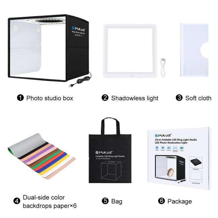 PULUZ 25cm Folding Portable High CRI Ring LED Photo Lighting Studio Tent Box + Shadowless Light L...