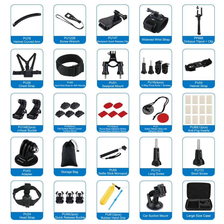 PULUZ 50 in 1 Accessories Total Ultimate Combo Kits with EVA Case (Chest Strap + Suction Cup Moun...