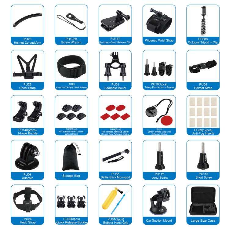PULUZ 50 in 1 Accessories Total Ultimate Combo Kits with EVA Case (Chest Strap + Suction Cup Moun...