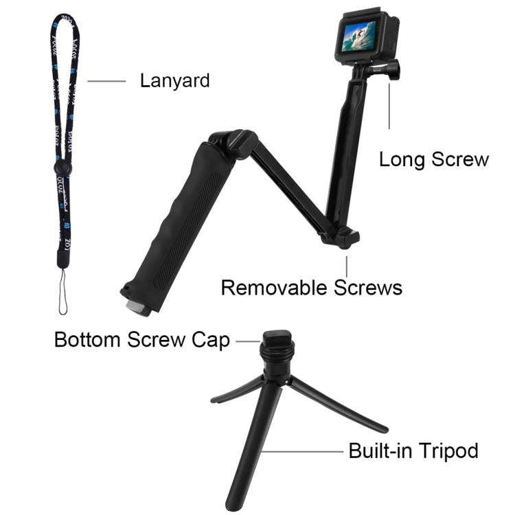 PULUZ 3-Way Grip Foldable Tripod Selfie-stick Extension Monopod for GoPro, Insta360 ONE R, DJI Os...