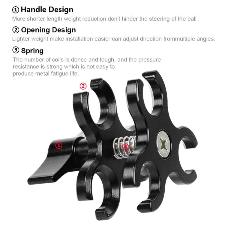 PULUZ Triple Ball Clamp Open Hole Diving Camera Bracket CNC Aluminum Spring Flashlight Clamp for ...