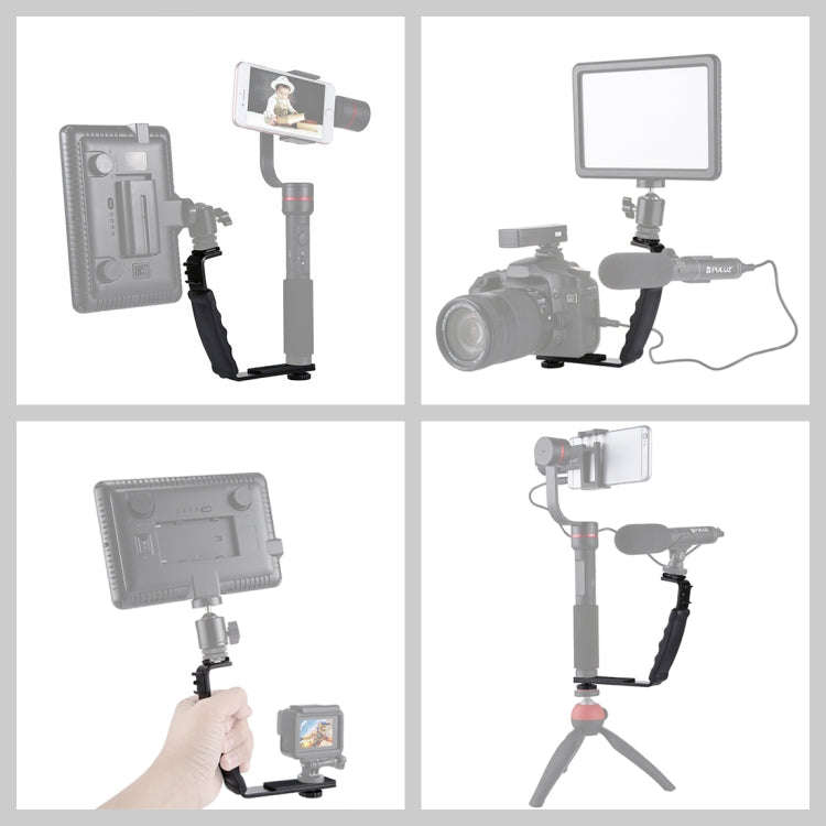 PULUZ L-Shape Bracket Handheld Grip Holder with Dual Side Cold Shoe Mounts for Video Light Flash,...