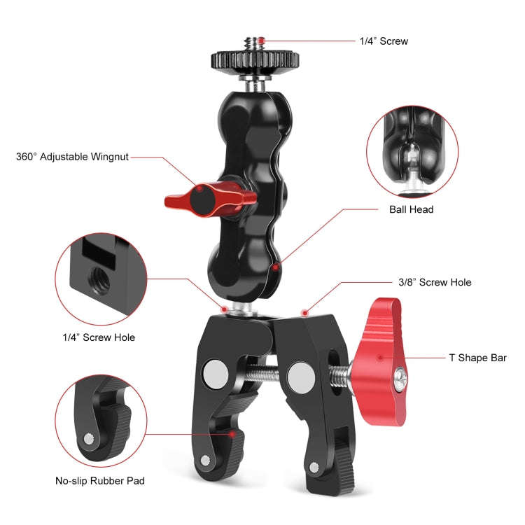 PULUZ Multi-function Magic Arm Ball Mount Clamp Crab Pliers Clip(Red)