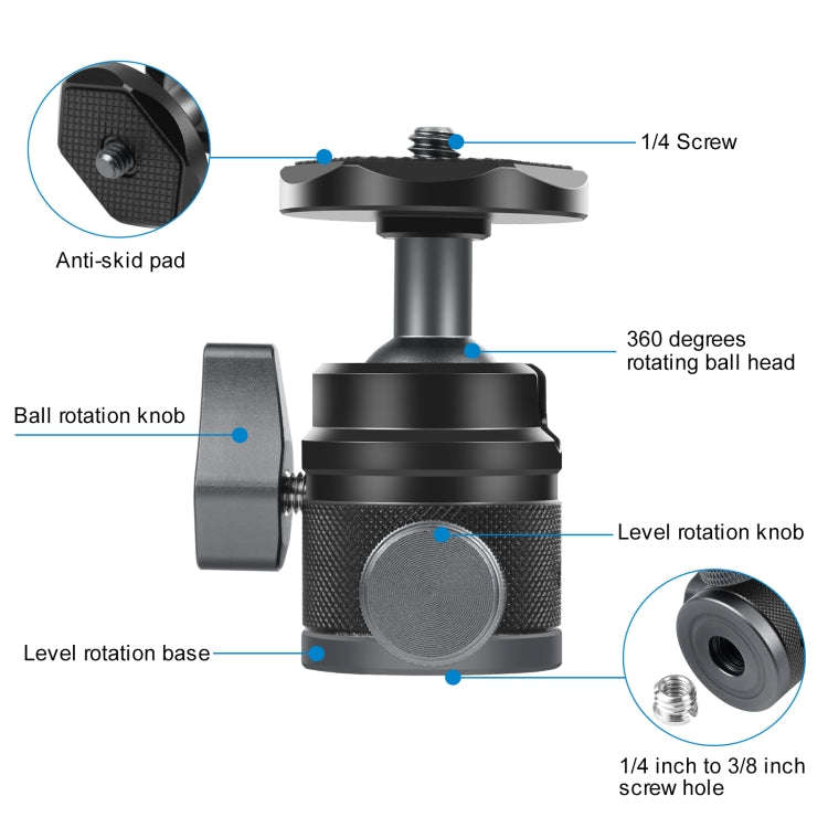PULUZ 360 Panorama Aluminum Alloy Tripod Ball Head Adapter with Knob Lock(Black)
