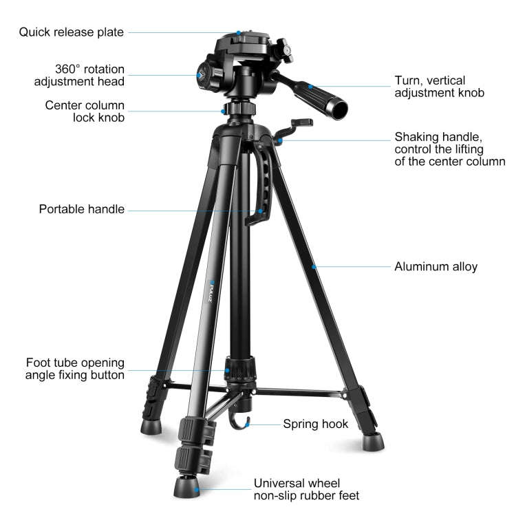 PULUZ Aluminum Selfie Live Tripod Mount with Three-dimensional Head & Phone Clamp(Black)