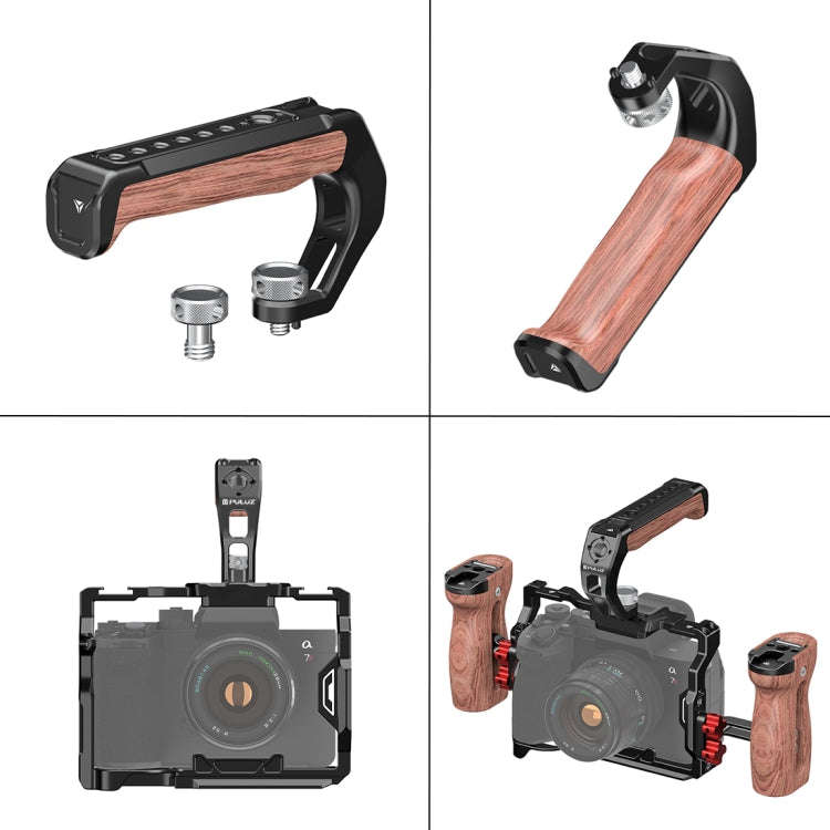 PULUZ Arri Metal Wooden Top Handle with Cold Shoe Mount for Mirrorless Camera Cage Stabilizer (Bl...