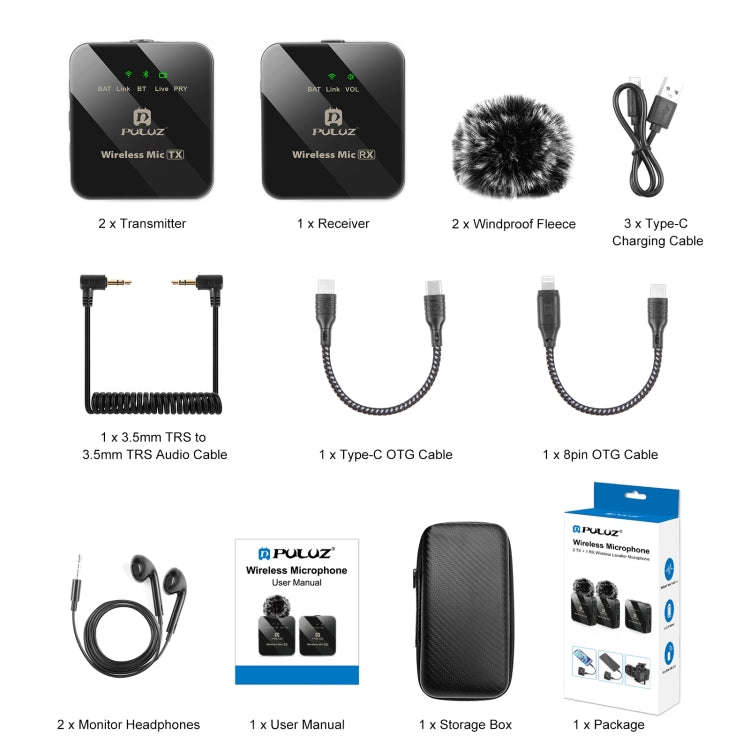 PULUZ 2 TX + 1 RX Wireless Lavalier Microphone (Black)