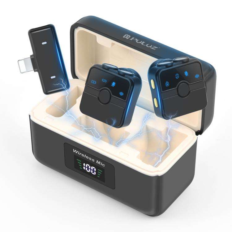 PULUZ Magnetic Lavalier Wireless Microphone with Charging Case Box, 8 Pin RX Receiver and 2 TX Mi...