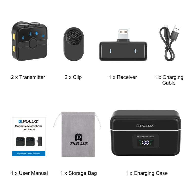 PULUZ Magnetic Lavalier Wireless Microphone with Charging Case Box, 8 Pin RX Receiver and 2 TX Mi...