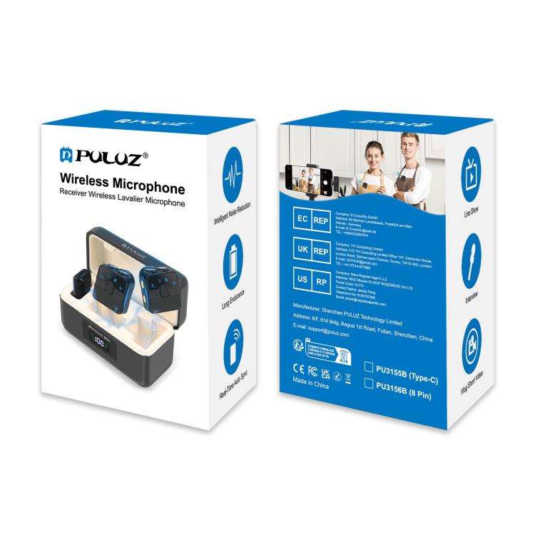 PULUZ Magnetic Lavalier Wireless Microphone with Charging Case Box, 8 Pin RX Receiver and 2 TX Mi...