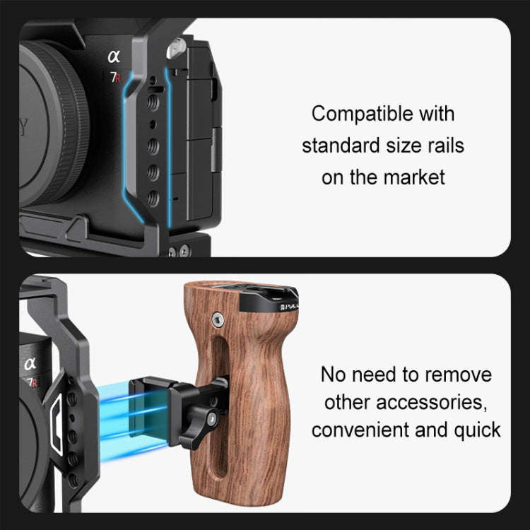 PULUZ Universal Slide Quick Release Side Wooden Handle with Cold Shoe Mount for Camera Cage Stabi...