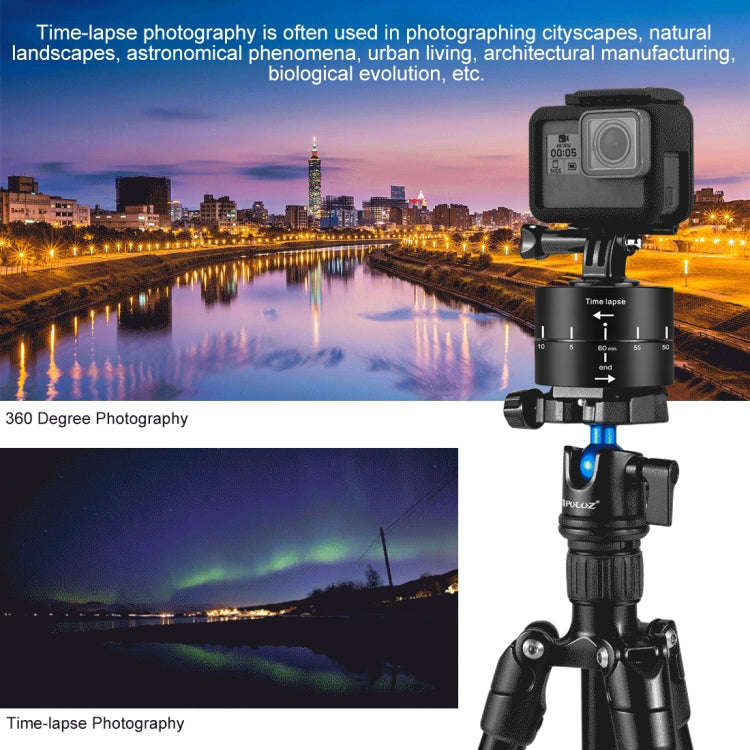 PULUZ 360 Degrees Panning Rotation 60 Minutes Time Lapse Stabilizer Tripod Head Adapter for GoPro...