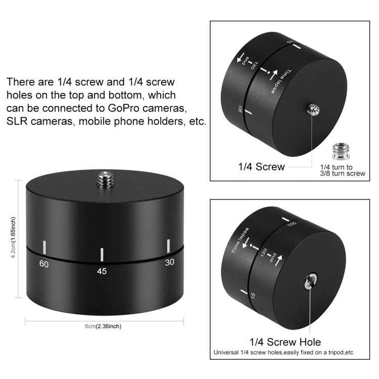 PULUZ 360 Degrees Panning Rotation 120 Minutes Time Lapse Stabilizer Tripod Head Adapter for GoPr...