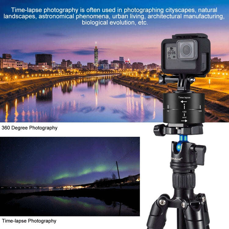 PULUZ 360 Degrees Panning Rotation 120 Minutes Time Lapse Stabilizer Tripod Head Adapter for GoPr...